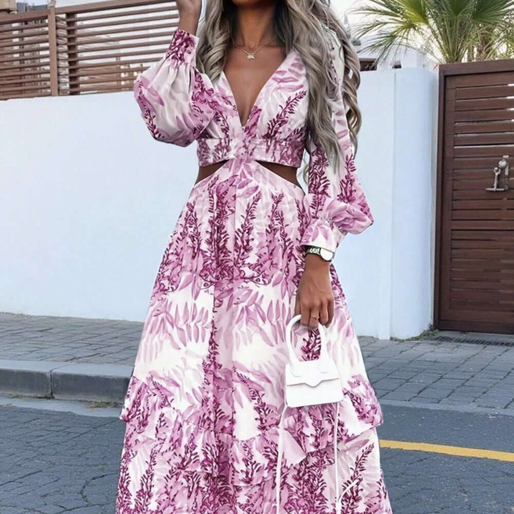 Purple Boho Women's Floral Print Sexy V-Neck Dress